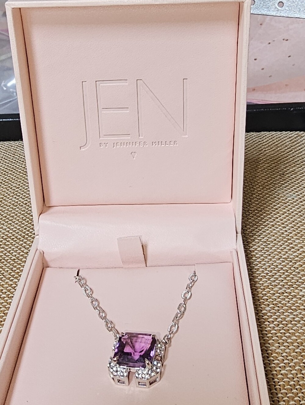 NIB Jennifer Miller Sterling Silver Asscher Cut Amethyst Halo Necklace
